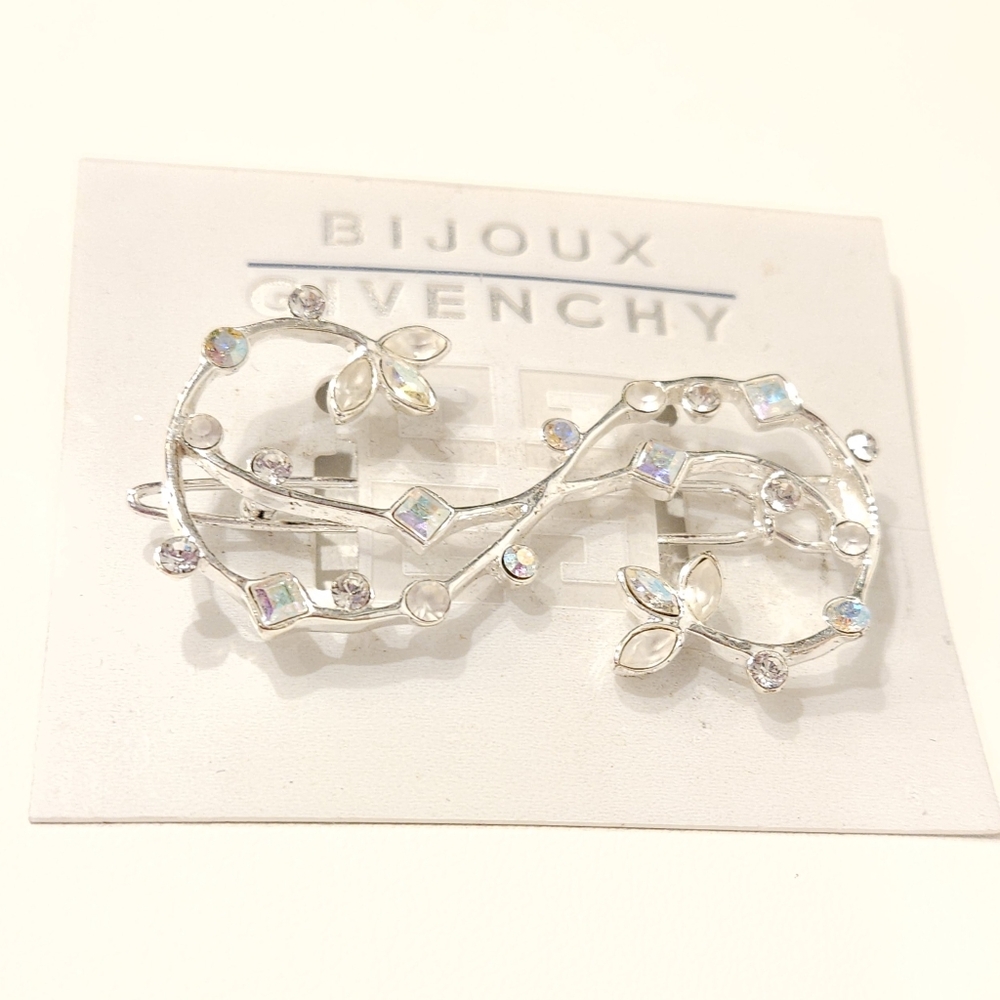 Vintage Givenchy Silver Tone Swarovski Crystal Floral Hair Barrette Clip NWT